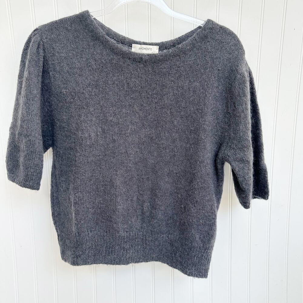 Amomento Mohair Puff Sleeve Sweater Charcoal Gray Wool Blend Knit Top Medium